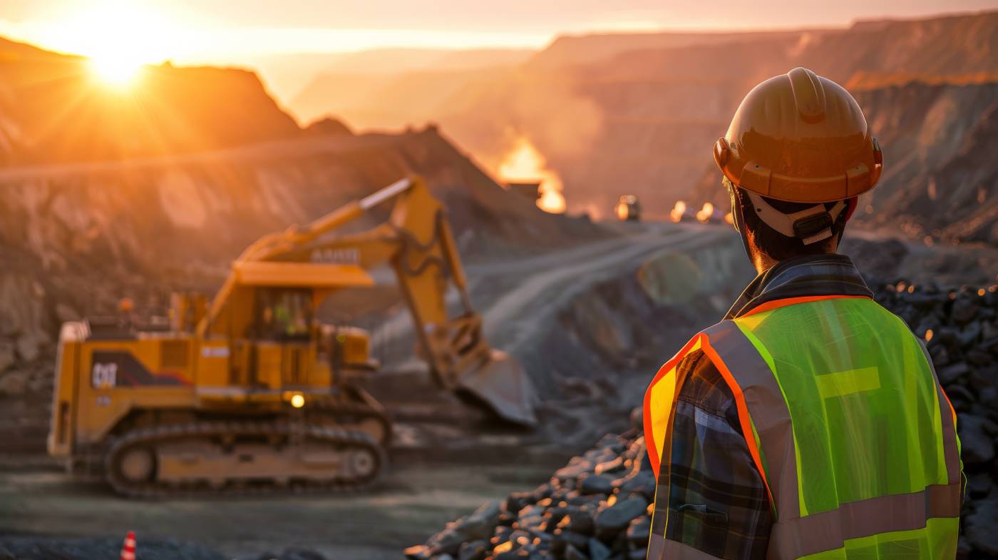 A construction worker in a hard hat and safety vest inspects the site, focusing on safety measures and project progress
